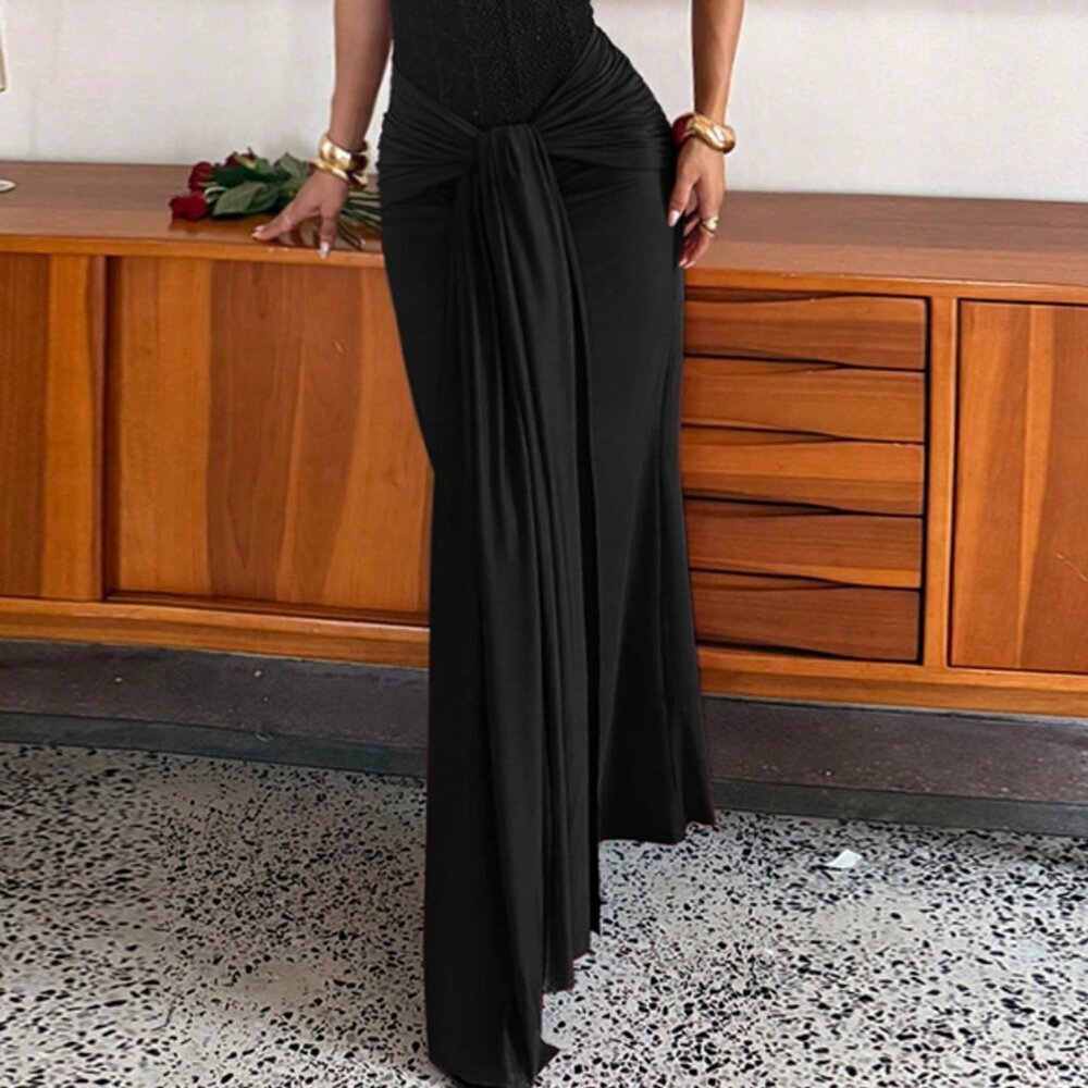 Black Elegant Women's Casual Knit Twist Zip Backless Dress - Picture 3 of 8